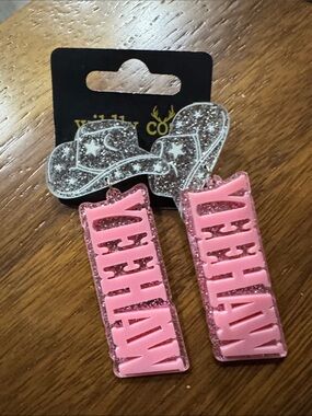 Pink 'YEEHAW' Glitter Dangle Earrings with Cowboy Hat Accent